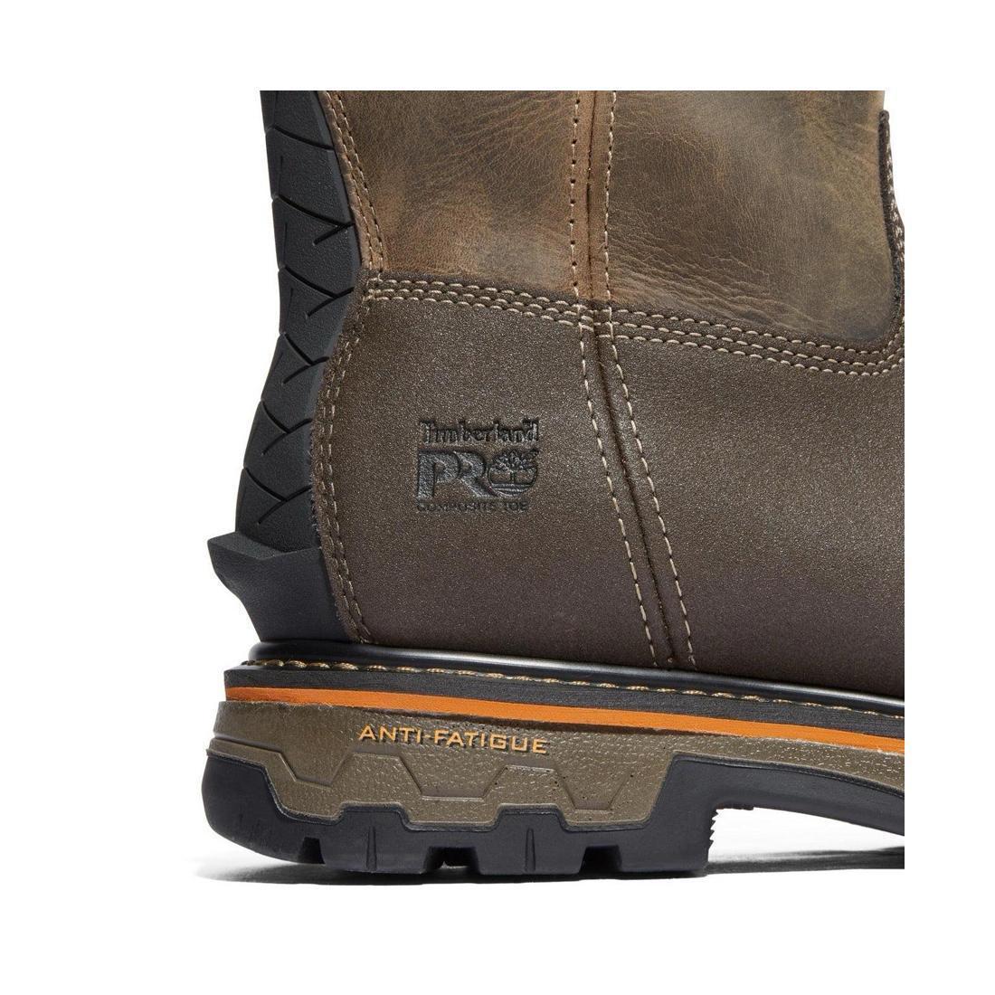 Timberland Pro True Grit Composite-Toe Waterproof Pull-On Work Boot Brown/Green A2297 Heel View