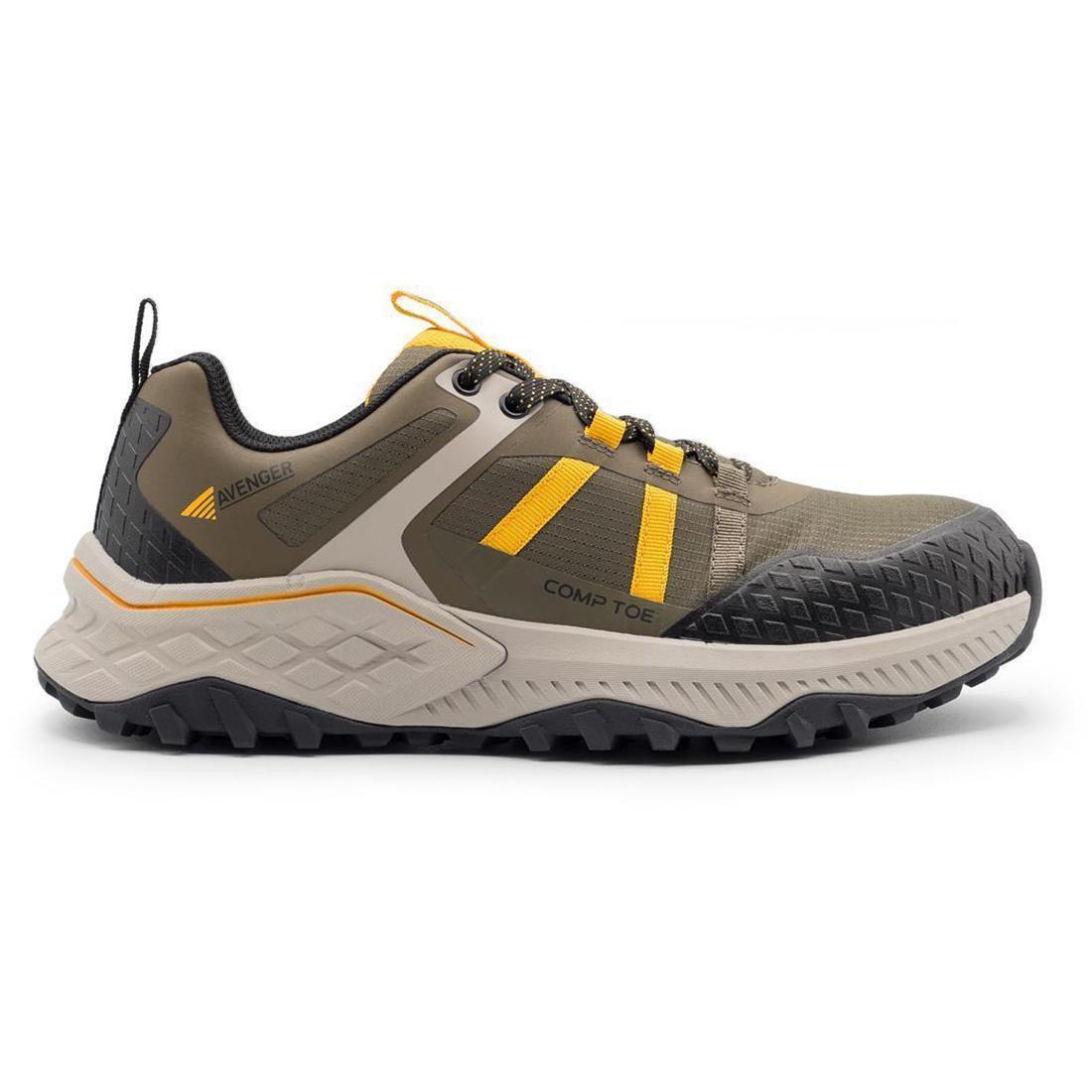 Avenger Aero Trail Composite Toe Work Shoes – Olive/Yellow Profile View