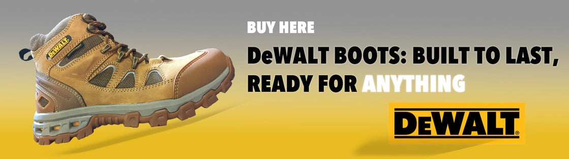 DeWalt boots promotional banner showing a work boot with the text "Built to Last, Ready for Anything"