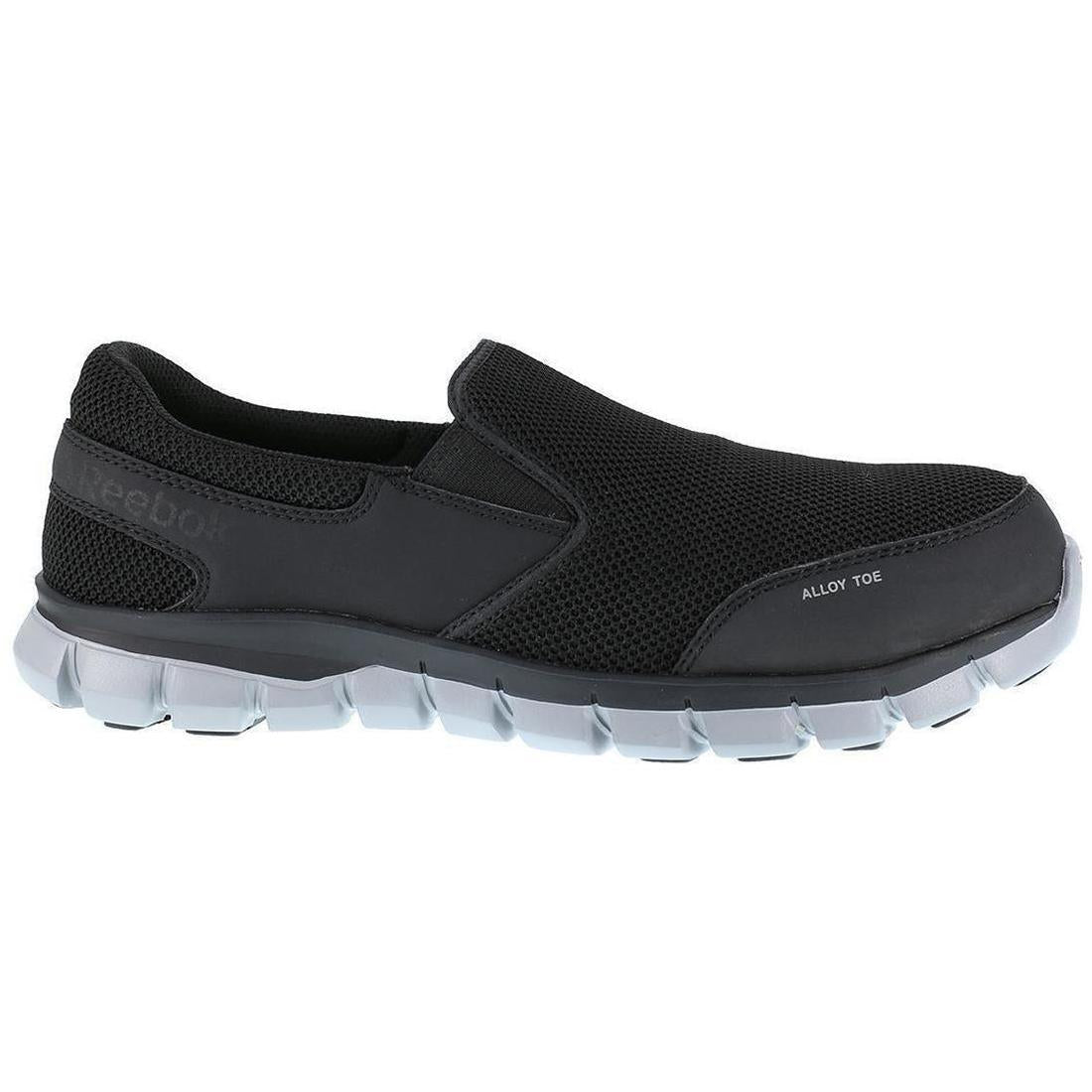 Reebok Work Sublite Cushion Alloy-Toe Slip On Athletic Work Shoe Black/Grey Profile View