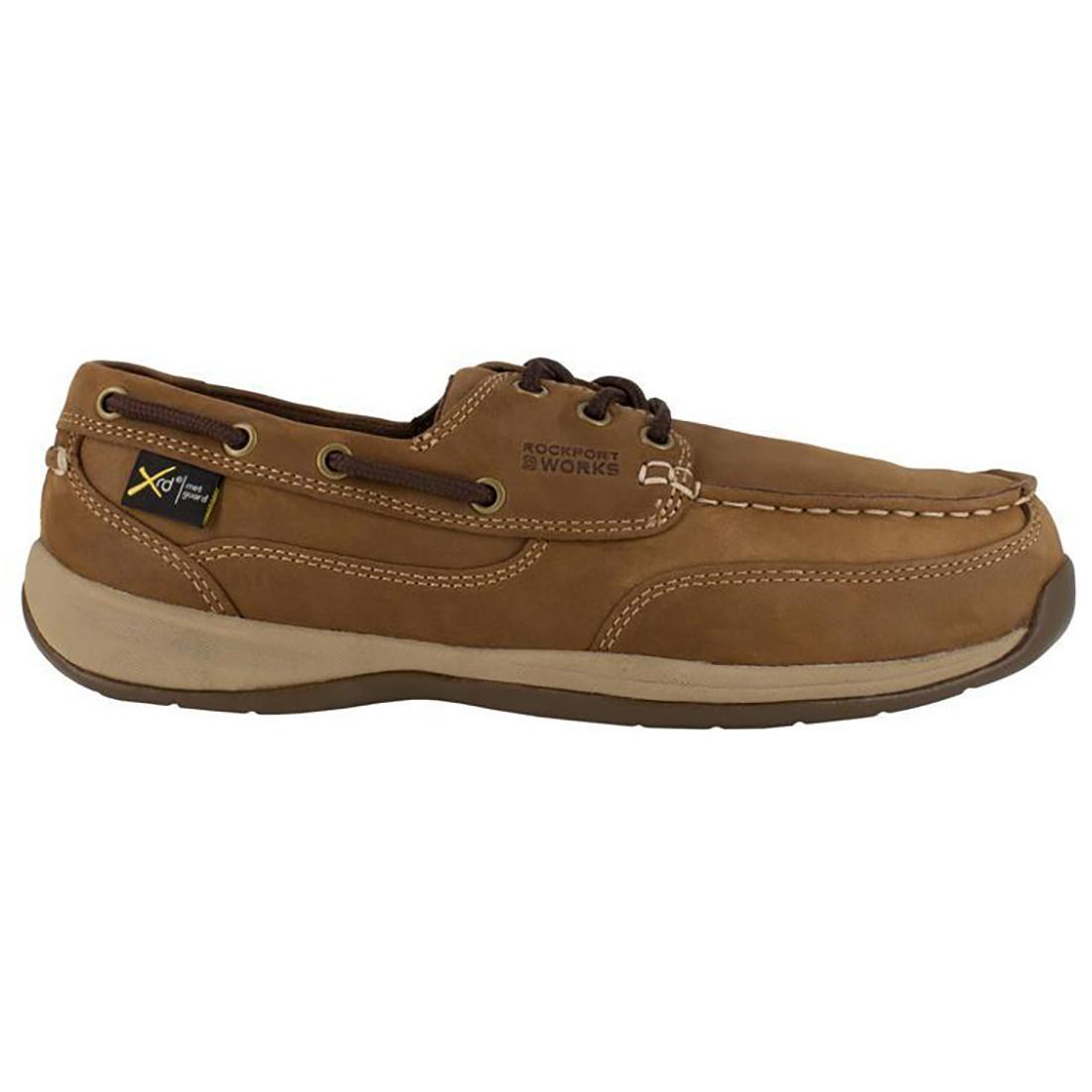 Rockport Works Women's Sailing Club Steel-Toe Int Metguard Slip On Work Shoe Brown Profile View