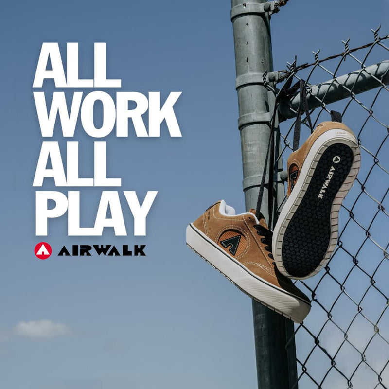 Brown skate work shoes on a fence with 'All Work All Play' text