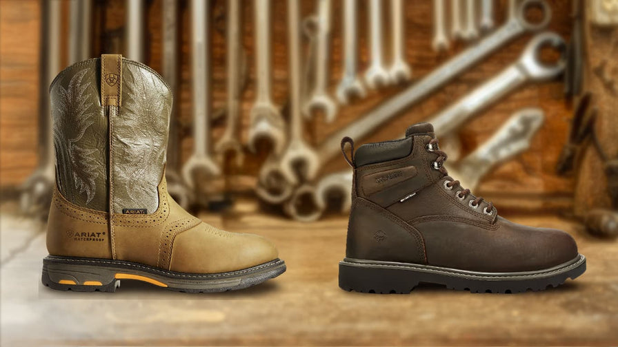 Two pairs of soft toe work boots with a background of tools.