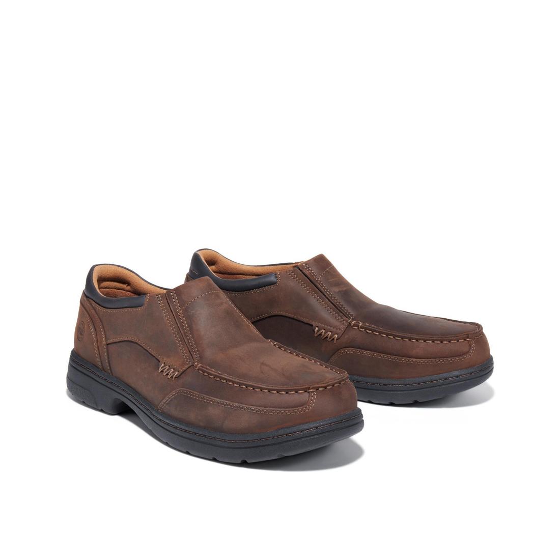 Timberland Pro Branston Alloy-Toe Moc Toe Slip-On Work Shoe Brown Angled View
