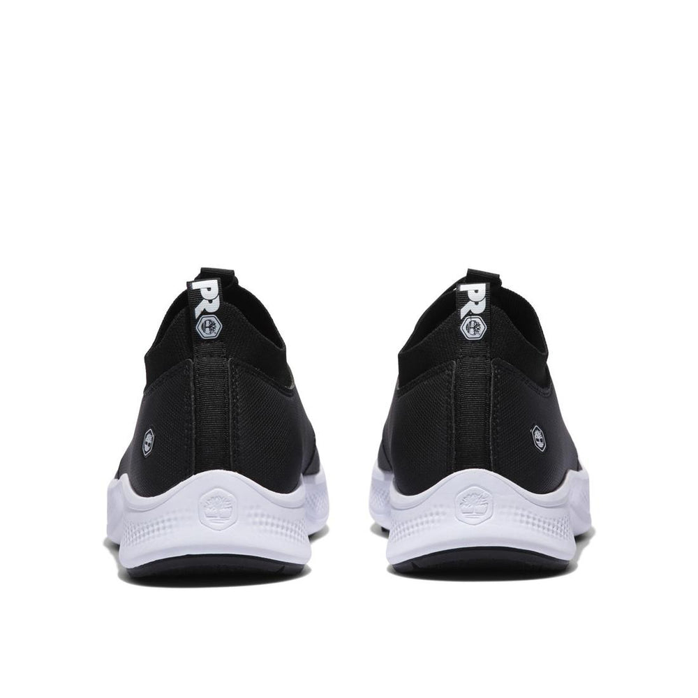 Timberland Pro Women's Solace Max Soft-Toe Slip-On Shoe Black/White Heel-Back View