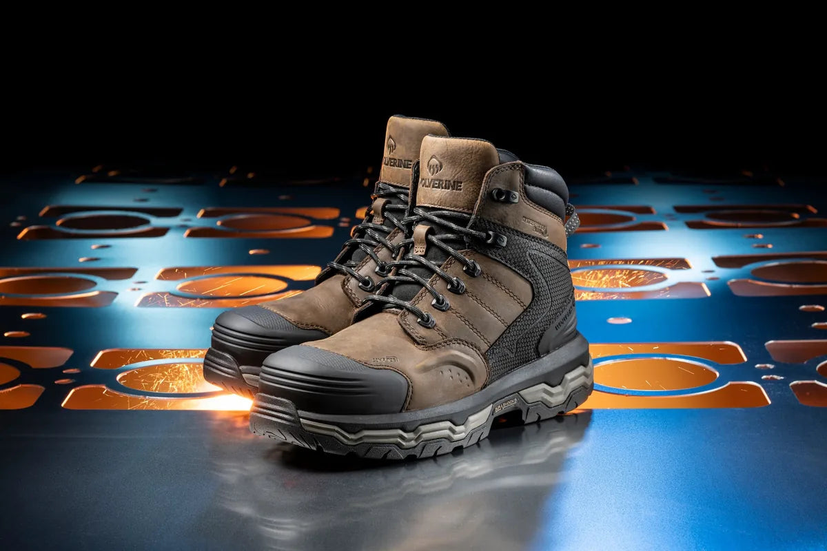 Wolverine Alpha Infinity work boots in Dark Coffee on an industrial metal surface
