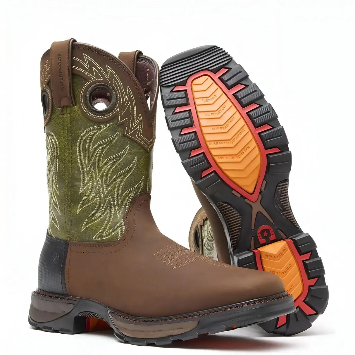 Durango Maverick XP Waterproof Western Work Boot Brown And Green Heel