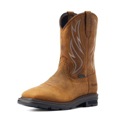 Ariat Sierra Shock Shield Waterproof Wide Square Toe Work Boot in Distressed Brown, three-quarter front view