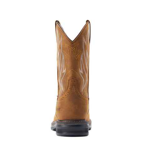 Ariat Sierra Shock Shield Waterproof Wide Square Toe Work Boot in Distressed Brown, heel view