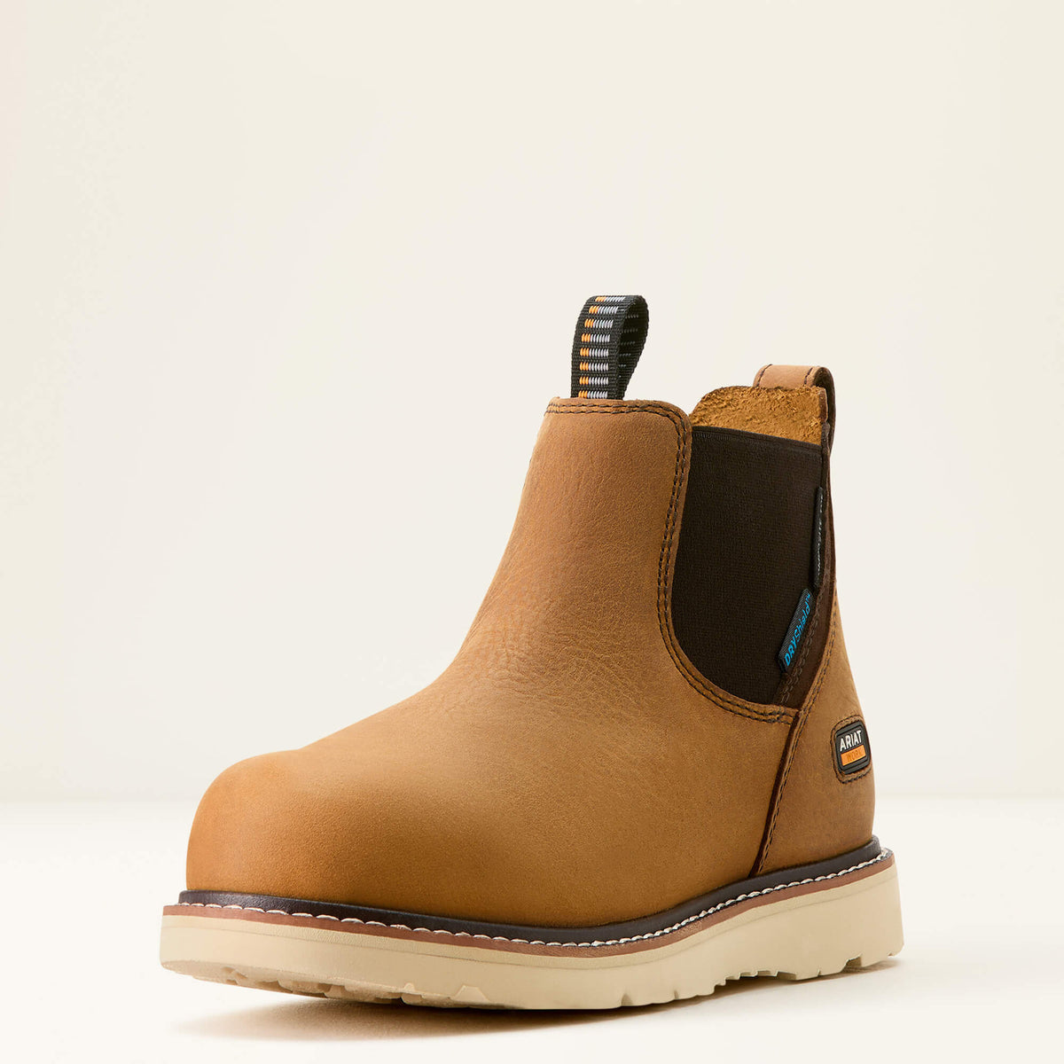 Ariat Rebar Wedge Chelsea Waterproof Composite Toe Work Boot in Antique Brown, three-quarter front view