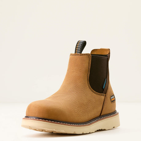 Ariat Rebar Wedge Chelsea Waterproof Work Boot in Antique Brown, three-quarter front view