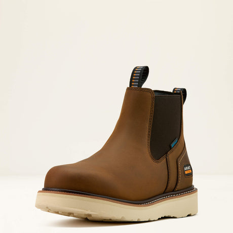 Ariat Rebar Wedge Chelsea Waterproof Work Boot in Distressed Brown, three-quarter front view