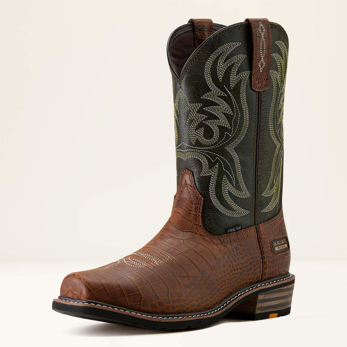 Ariat Ironside Square Toe Steel Toe Work Boot in Brown Croco Print, three-quarter front view