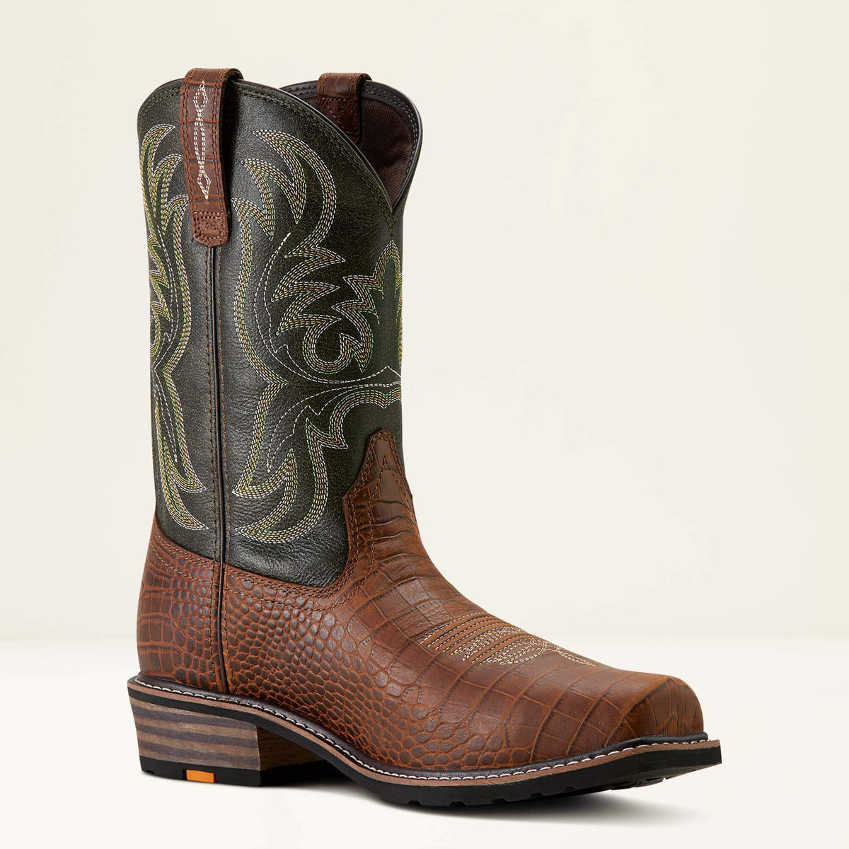 Ariat Ironside Square Toe Steel Toe Work Boot in Brown Croco Print, medial view
