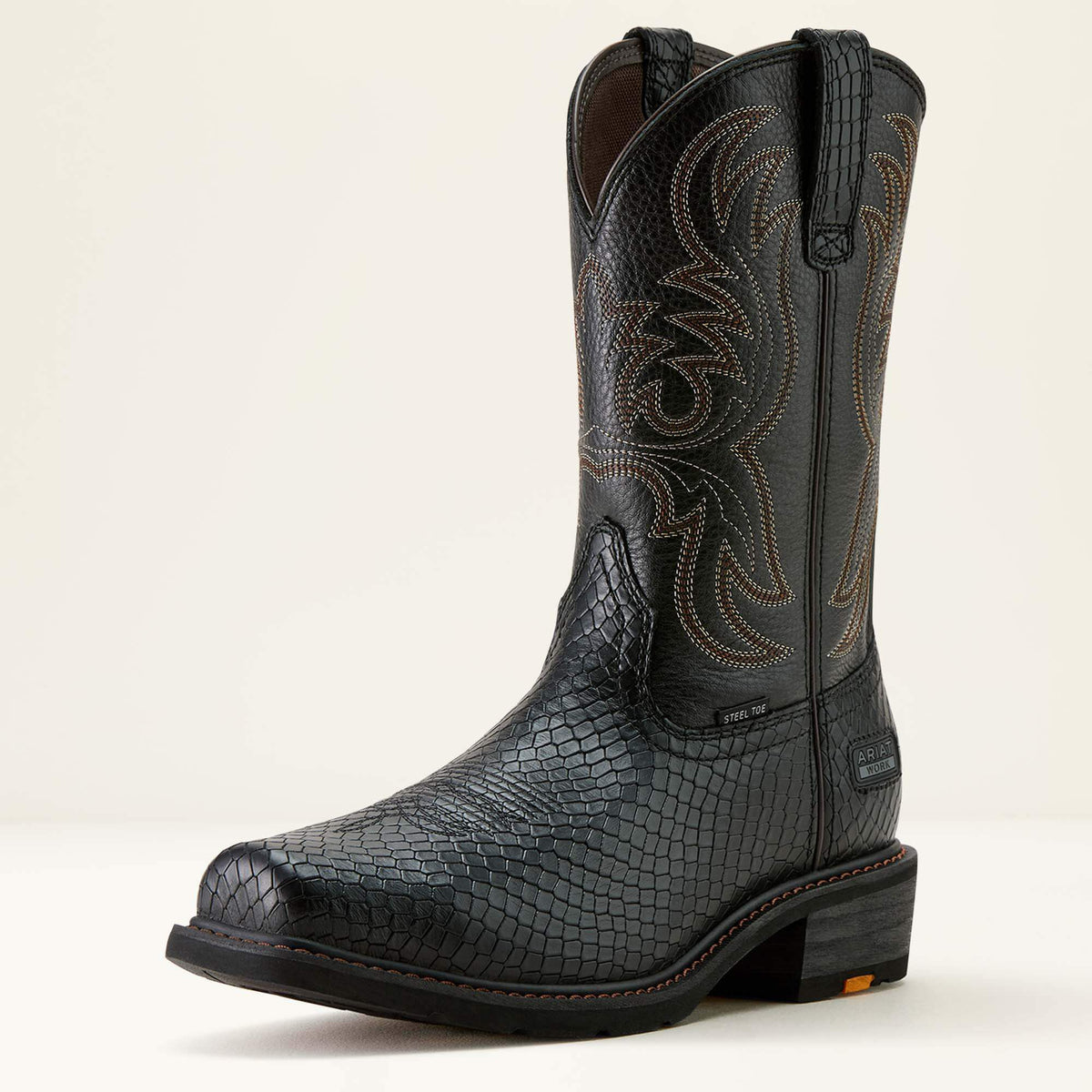 Ariat Ironside Square Toe Steel Toe Work Boot in Black Dragon Print, three-quarter front view