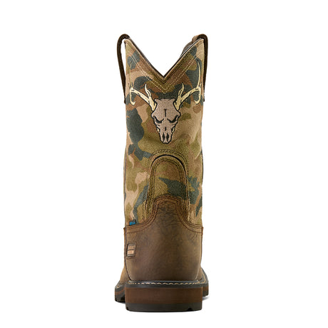 Ariat Groundbreaker Antler Waterproof Wide Square Toe  Work Boot in Bruin Brown, heel view