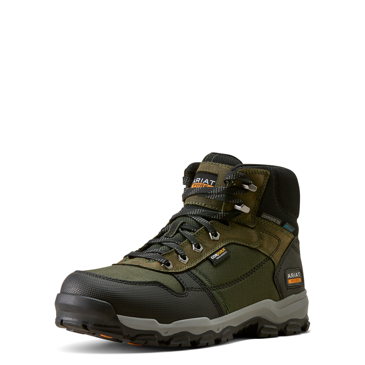 Ariat Stryker Neo Waterproof Composite Toe Work Boot in Burnt Olive, three-quarter front view