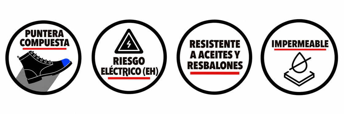 Características Ariat: puntera compuesta, riesgo eléctrico (EH), resistencia a aceites y resbalones, impermeabilidad.
