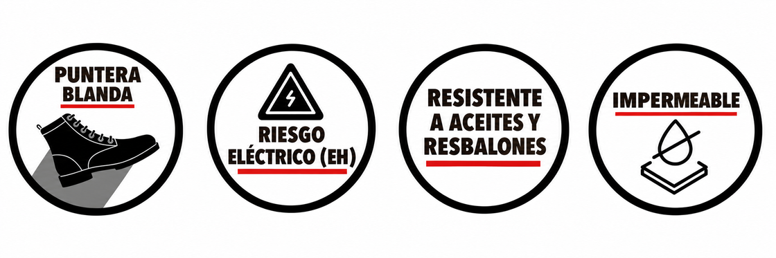 Características Ariat: puntera blanda, riesgo eléctrico (EH), resistencia a aceites y resbalones, impermeabilidad.