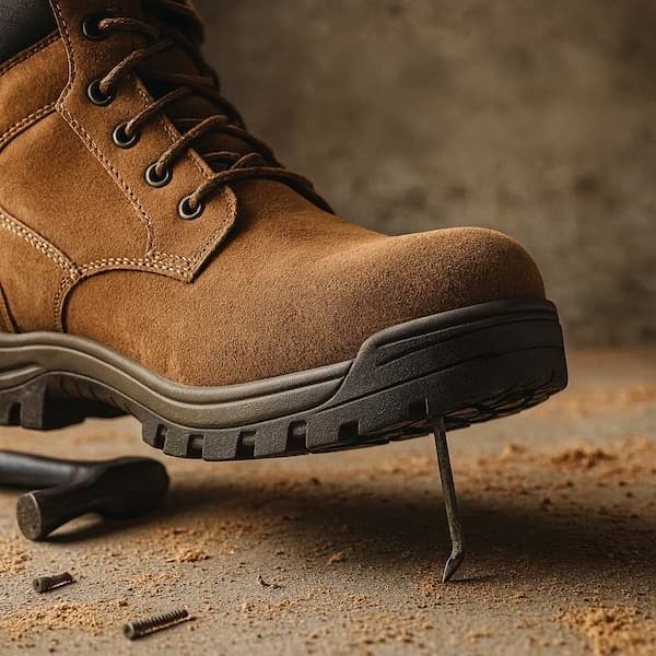 Rugged work boot and nail on shop floor—puncture hazard illustration.