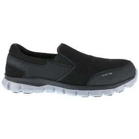 Reebok Work Sublite Cushion Alloy-Toe Slip On Athletic Work Shoe Black/Grey Profile View