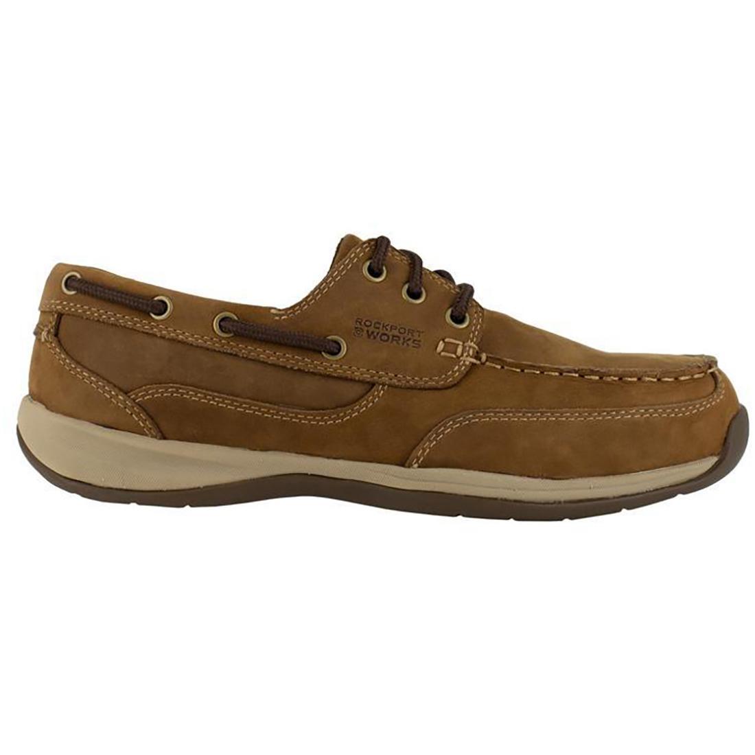 Rockport Works Women's Sailing Club Steel-Toe Slip On Work Shoe Brown Profile View