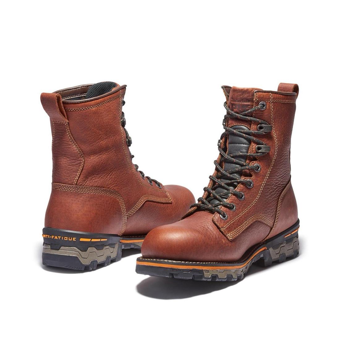 Timberland Pro Boondock 8 Inch Soft-Toe Waterproof Work Boot Medium Brown Heel-Back View