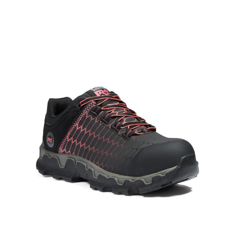 Timberland Pro Women's Powertrain Sport Alloy-Toe Work Shoe Black/Pink Angled View