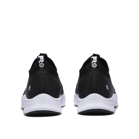 Timberland Pro Women's Solace Max Soft-Toe Slip-On Shoe Black/White Heel-Back View