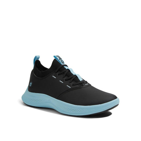 Timberland Pro Women's Solace Max Soft-Toe Slip-On Shoe Black/Blue Angled View