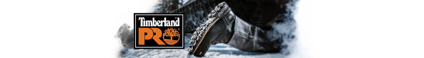 "Timberland PRO logo with rugged work boot in a snowy outdoor setting."